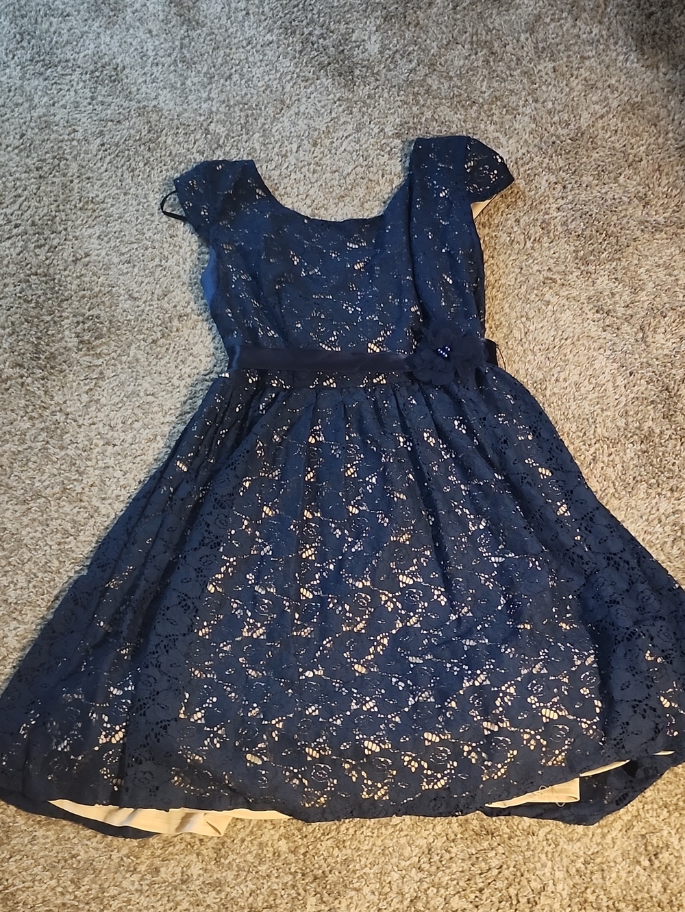 Navy Lace Party Dress with Floral Waist Accent